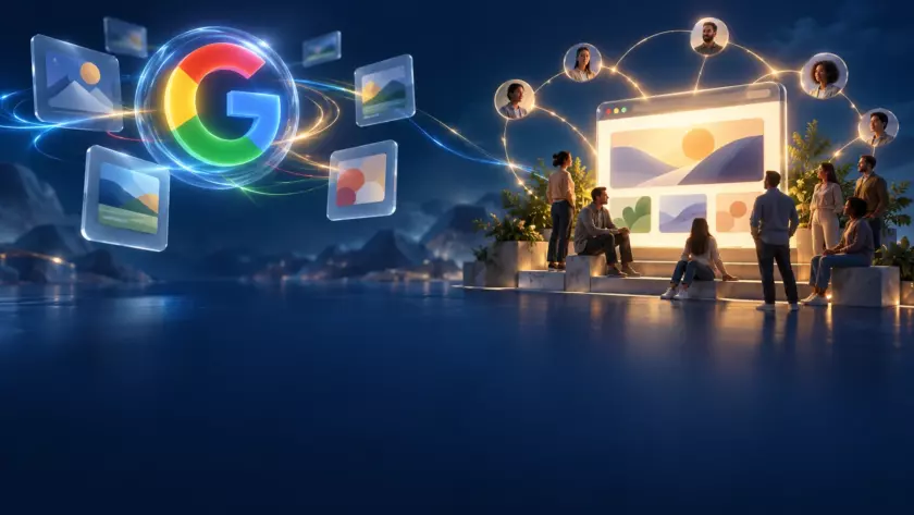 Logo Google e contenuti digitali collegati a una comunità di persone riunita intorno a un sito web.