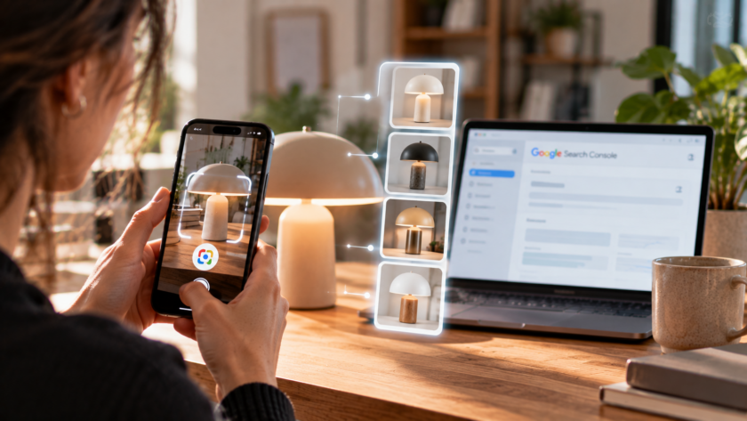 Ricerca multimodale di Google avviata fotografando una lampada con lo smartphone, con Search Console sullo sfondo.