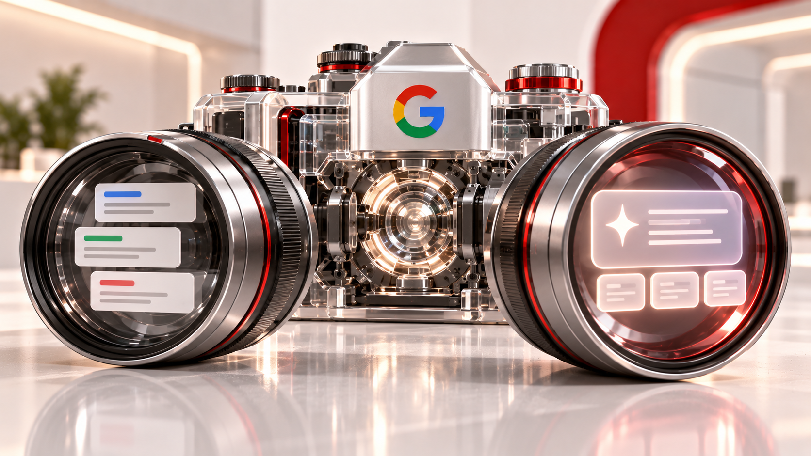 Motore di ricerca Google rappresentato come uno strumento ottico con due modalit&agrave; di presentazione dei risultati, tradizionale e AI, basate sullo stesso nucleo.