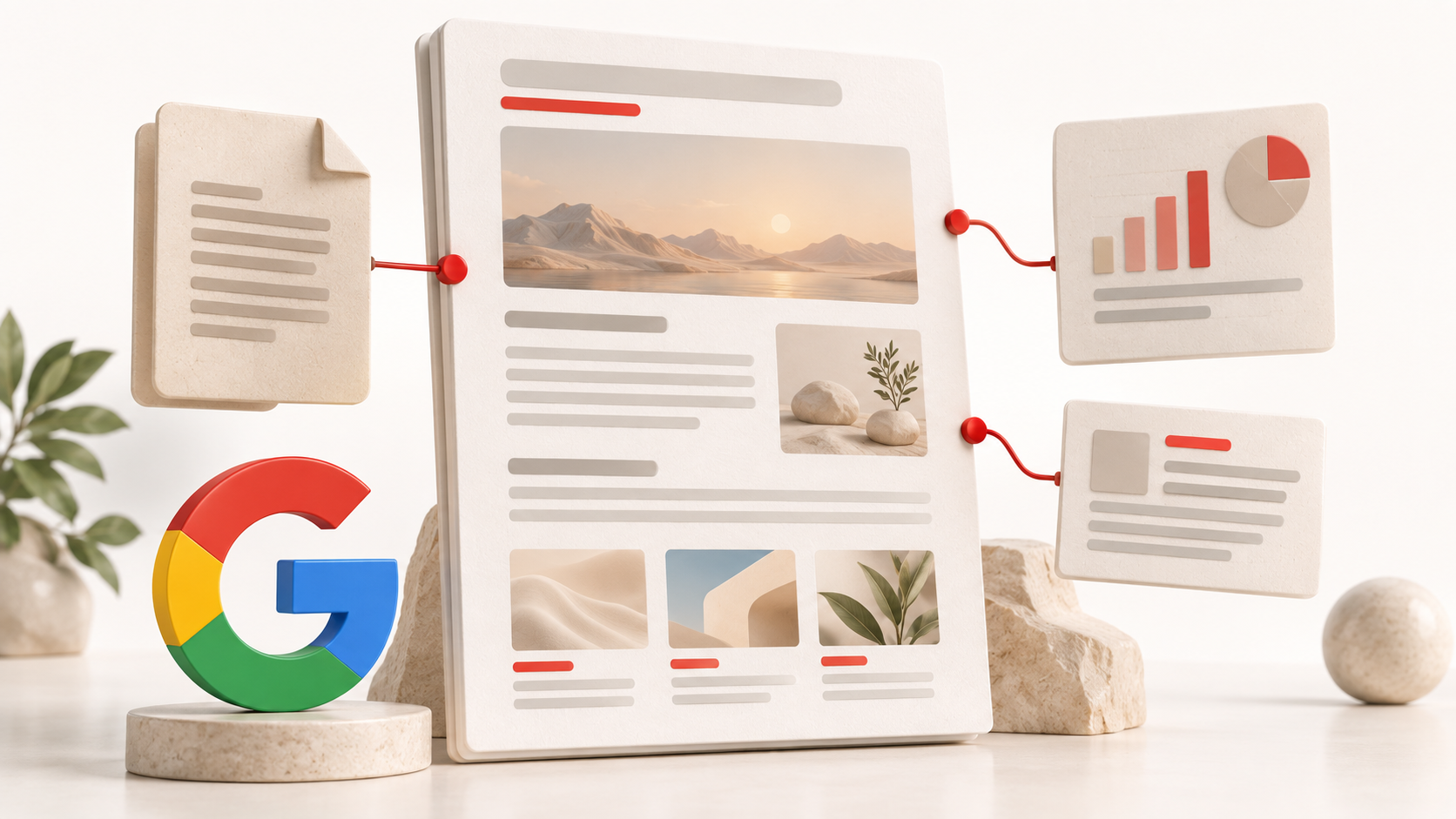 Contenuto web organizzato con informazioni e fonti verificabili, rappresentato accanto al simbolo Google per illustrare il rapporto tra SEO e GEO.