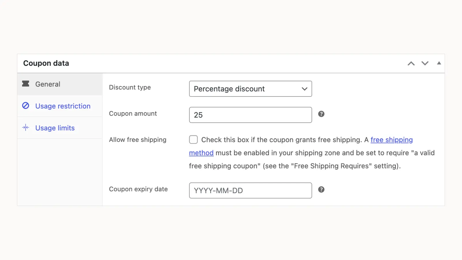 Impostazioni generali di un coupon WooCommerce con tipo di sconto, importo, spedizione gratuita e scadenza