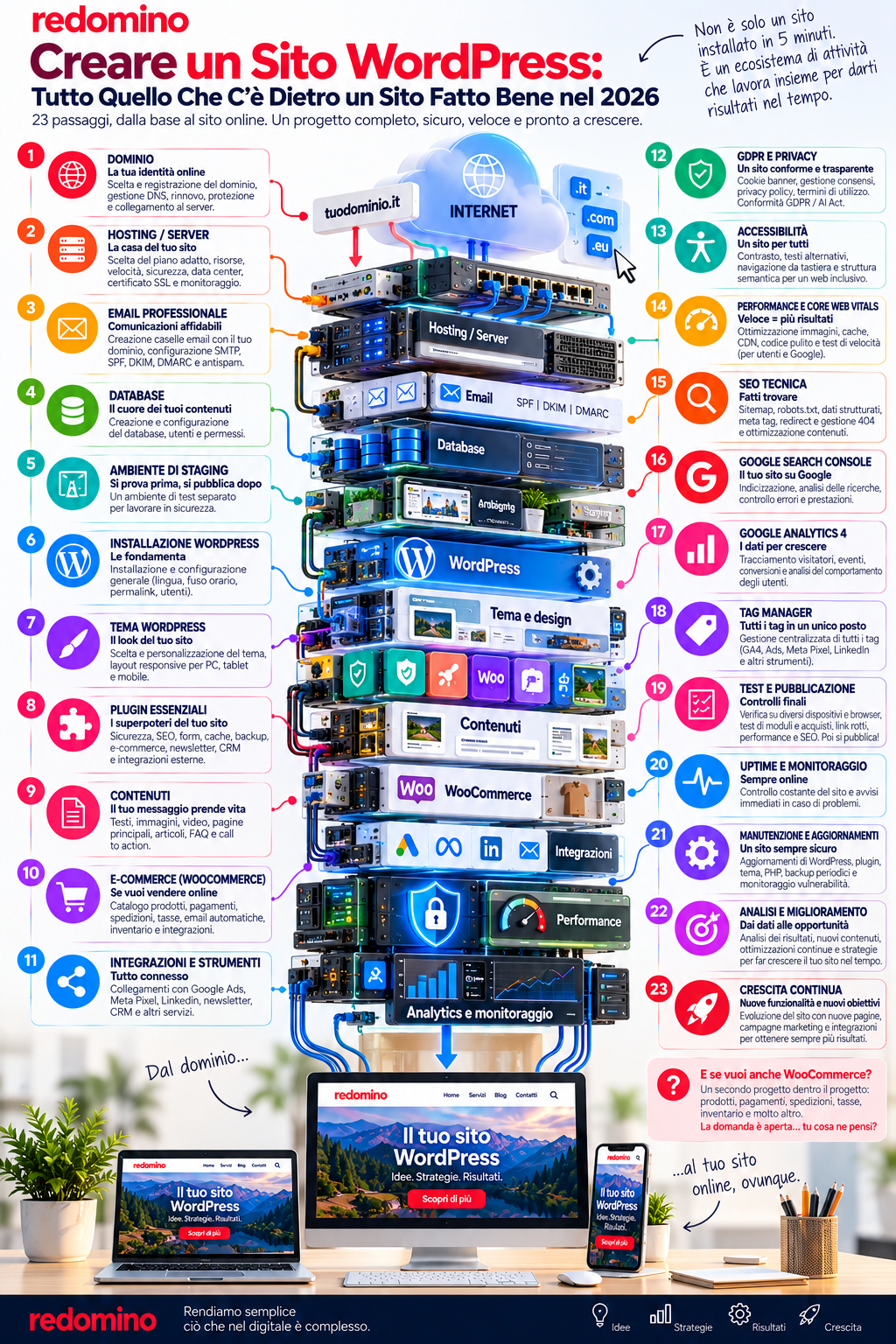 Creare un sito WordPress nel 2026: infografica Redomino dei 23 passaggi, dal dominio a sicurezza, SEO, Analytics, WooCommerce e manutenzione