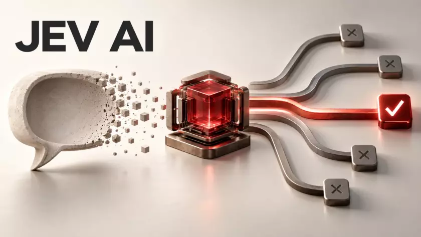 JEV AI: un fumetto si dissolve accanto a un nucleo digitale che seleziona un percorso, simbolo delle decisioni automatizzate.