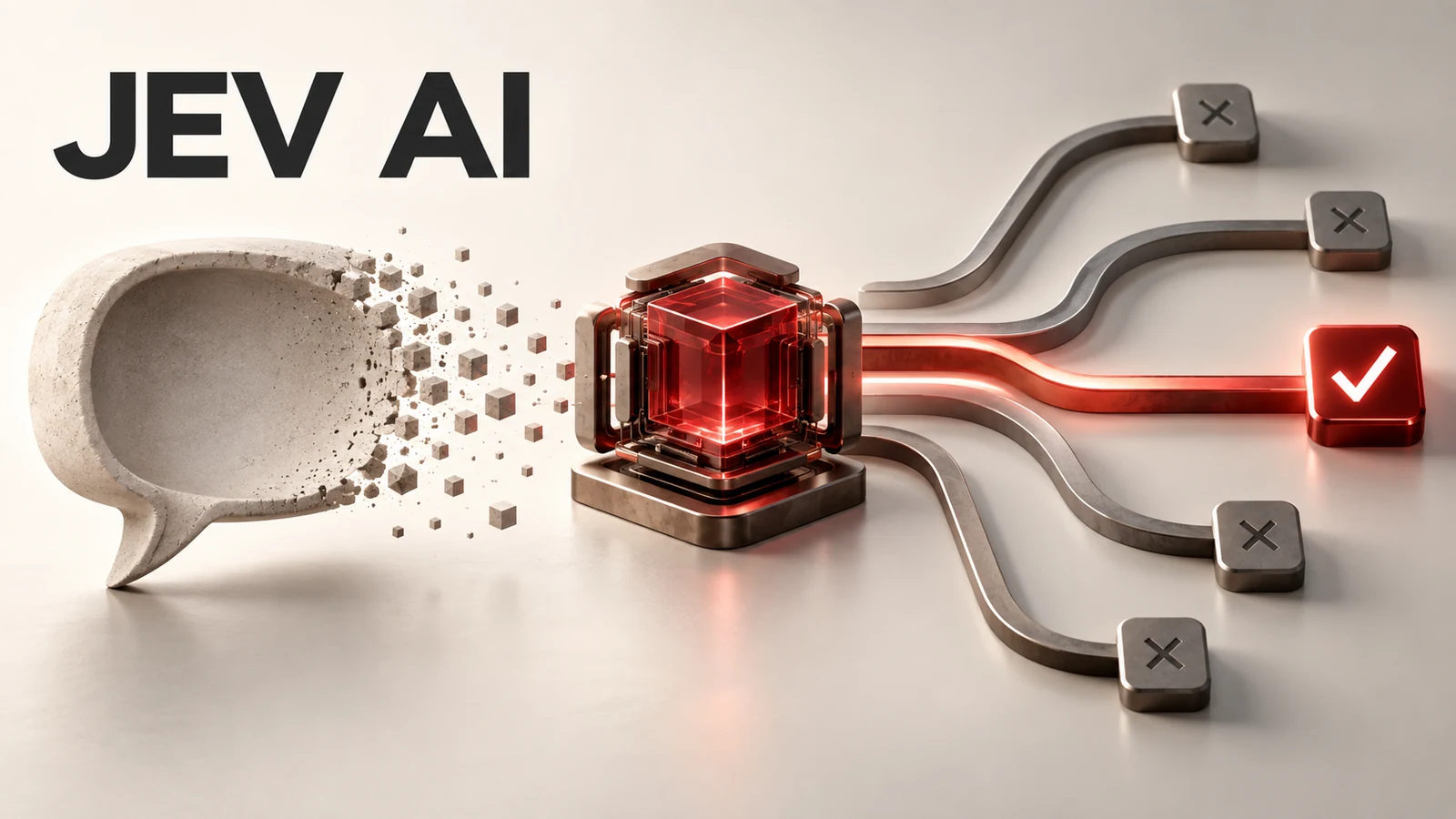 JEV AI: un fumetto si dissolve accanto a un nucleo digitale che seleziona un percorso, simbolo delle decisioni automatizzate.