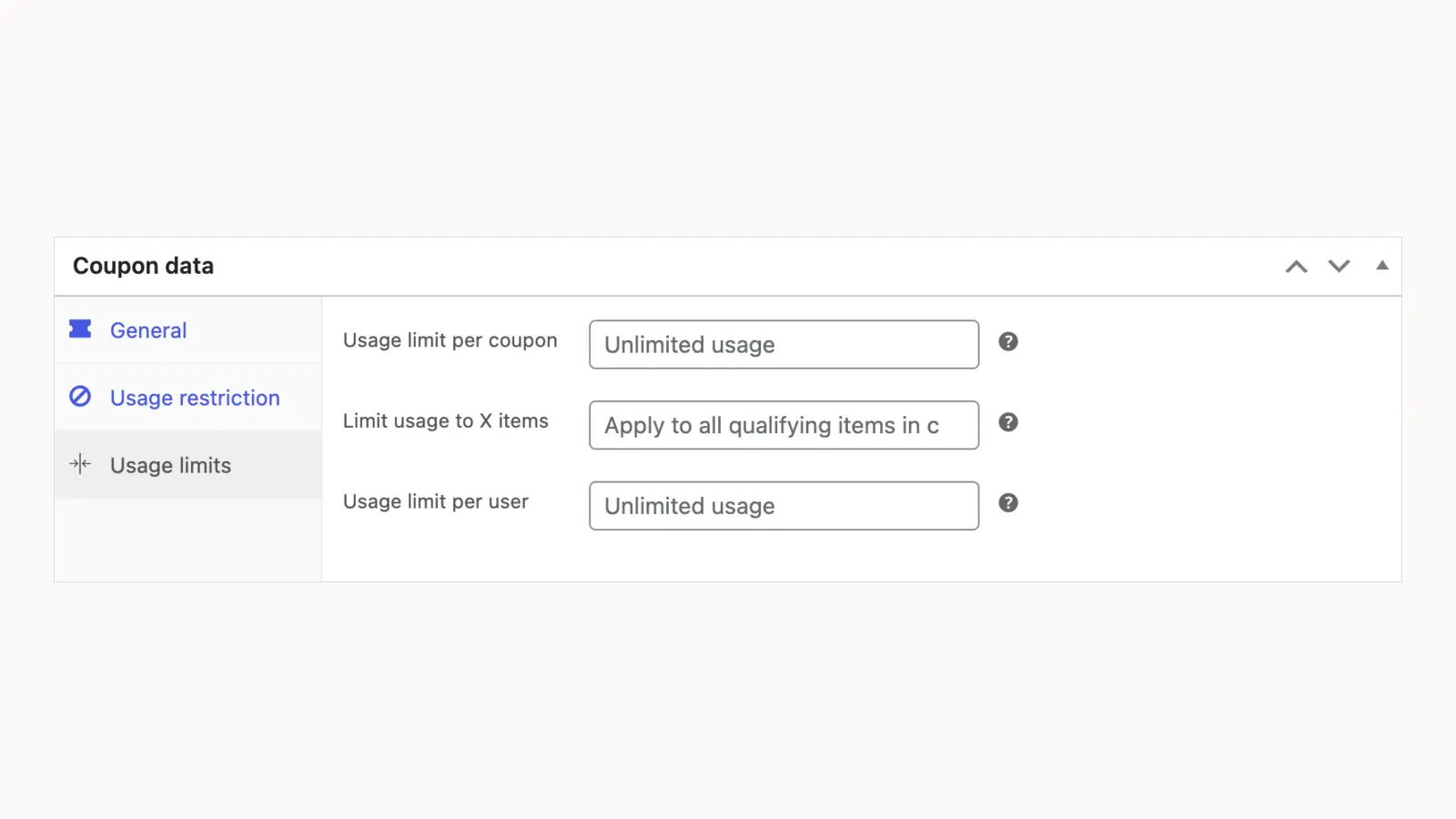 Schermata WooCommerce per impostare i limiti di utilizzo complessivi, per articolo e per cliente del coupon