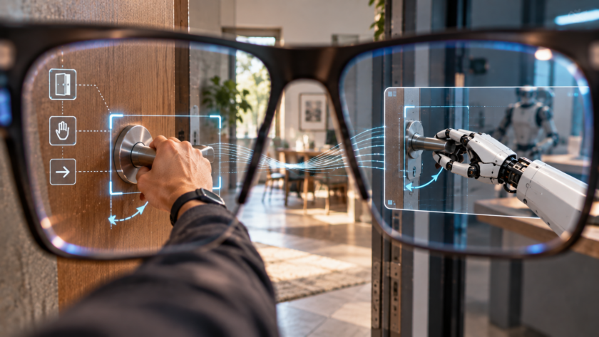 Visione in prima persona attraverso occhiali AI mentre una persona apre una porta, con una mano robotica che riproduce il gesto sullo sfondo.