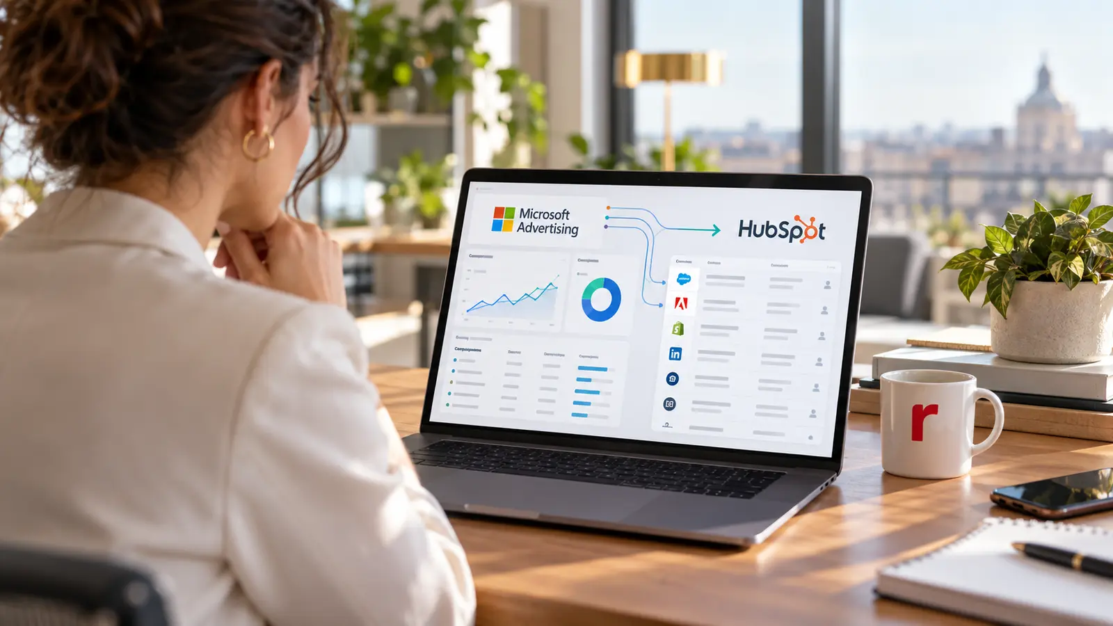 Professionista analizza su un portatile il collegamento tra Microsoft Advertising e HubSpot, con la tazza redomino sulla scrivania.