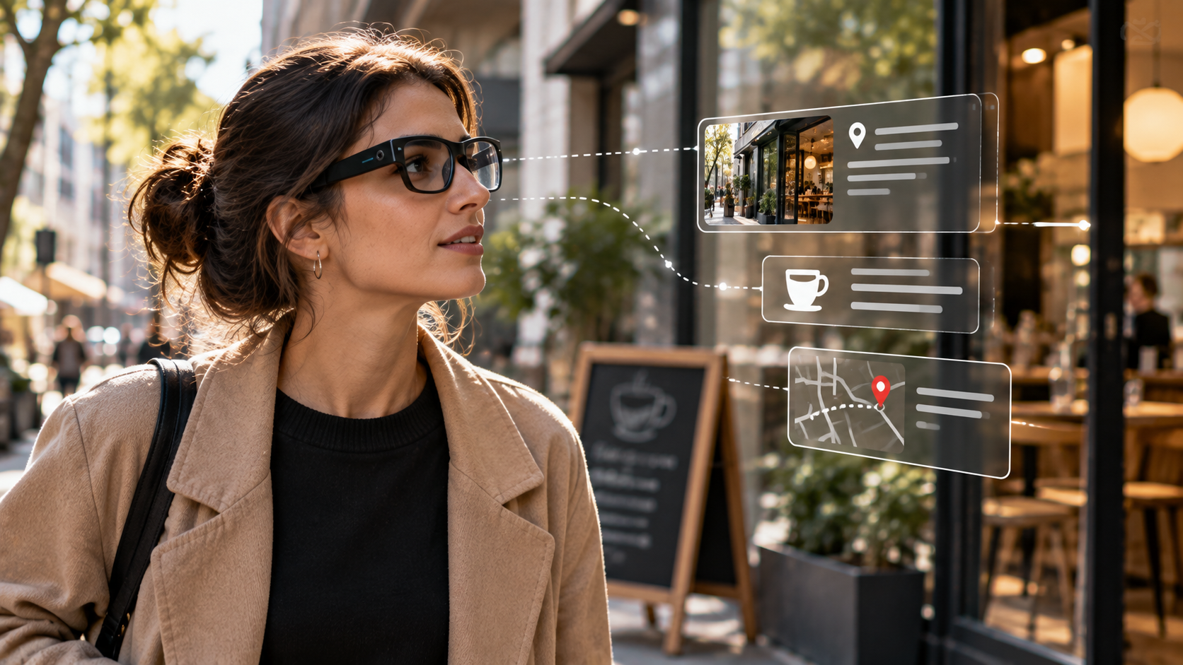 Persona indossa smart glasses con intelligenza artificiale mentre osserva l&rsquo;ambiente circostante con lo smartphone in tasca.