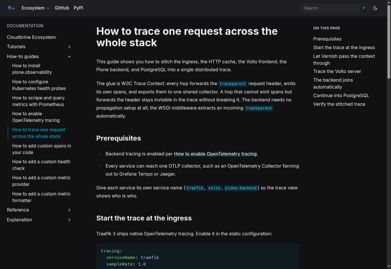 Documentazione ufficiale di plone.observability per tracciare una richiesta attraverso Traefik, Volto, Plone e PostgreSQL