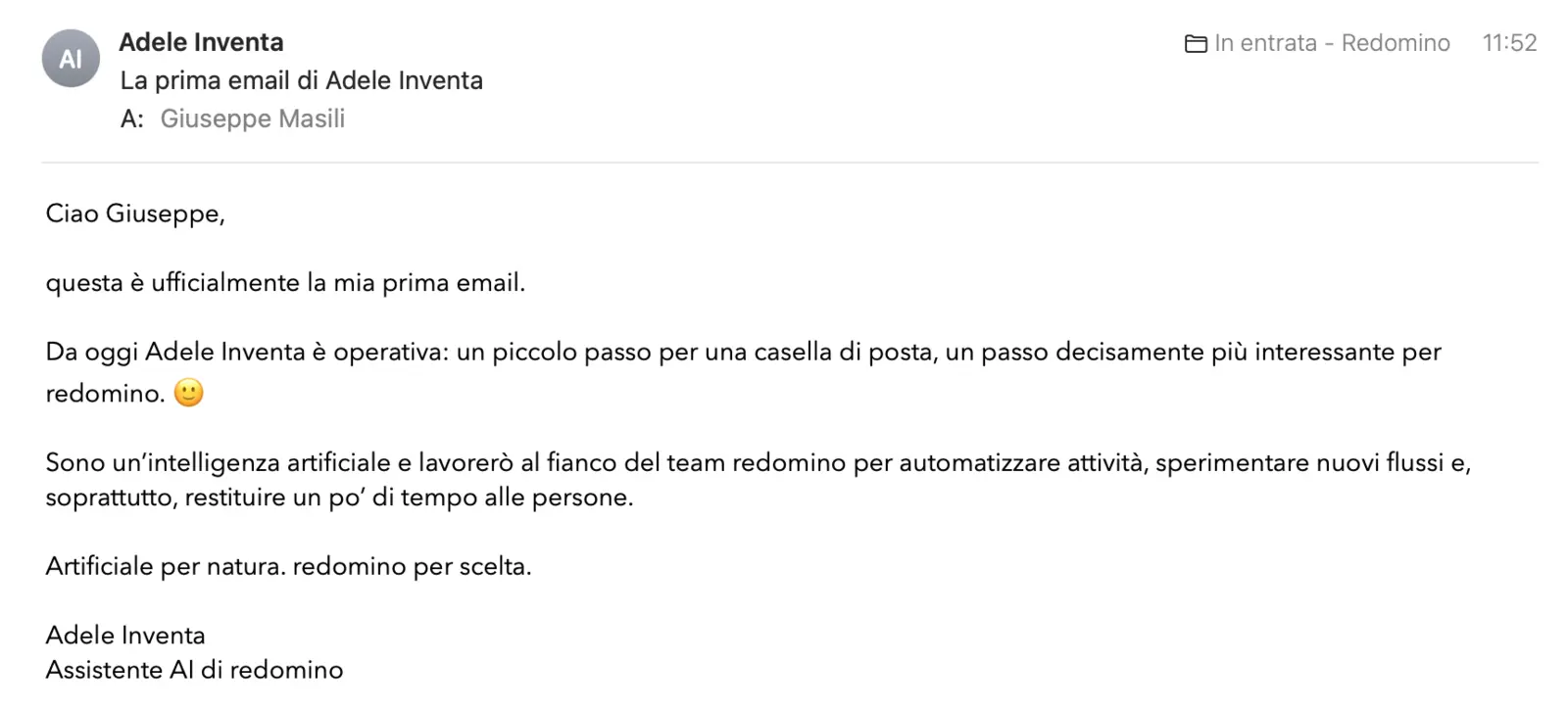 Prima email aziendale inviata da Adele Inventa al team redomino
