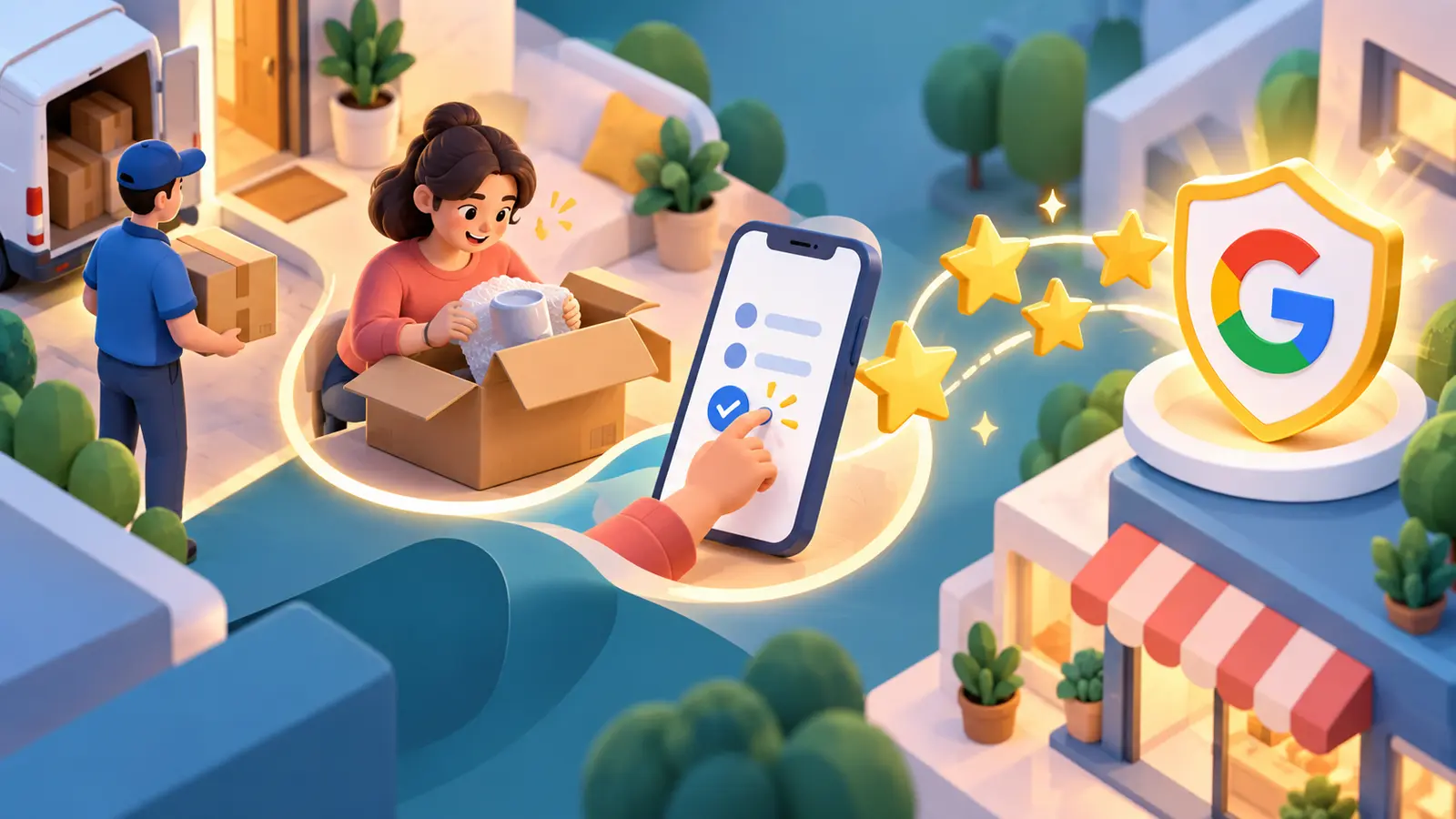 Percorso dal completamento di un acquisto ecommerce alla recensione del cliente su Google