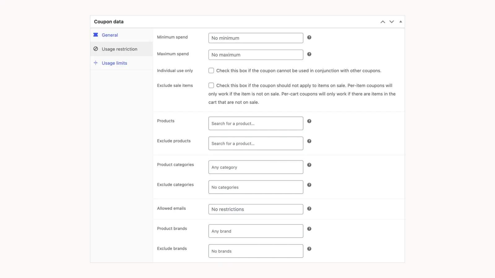 Schermata WooCommerce per configurare importo, prodotti, categorie ed email nelle restrizioni d’uso del coupon