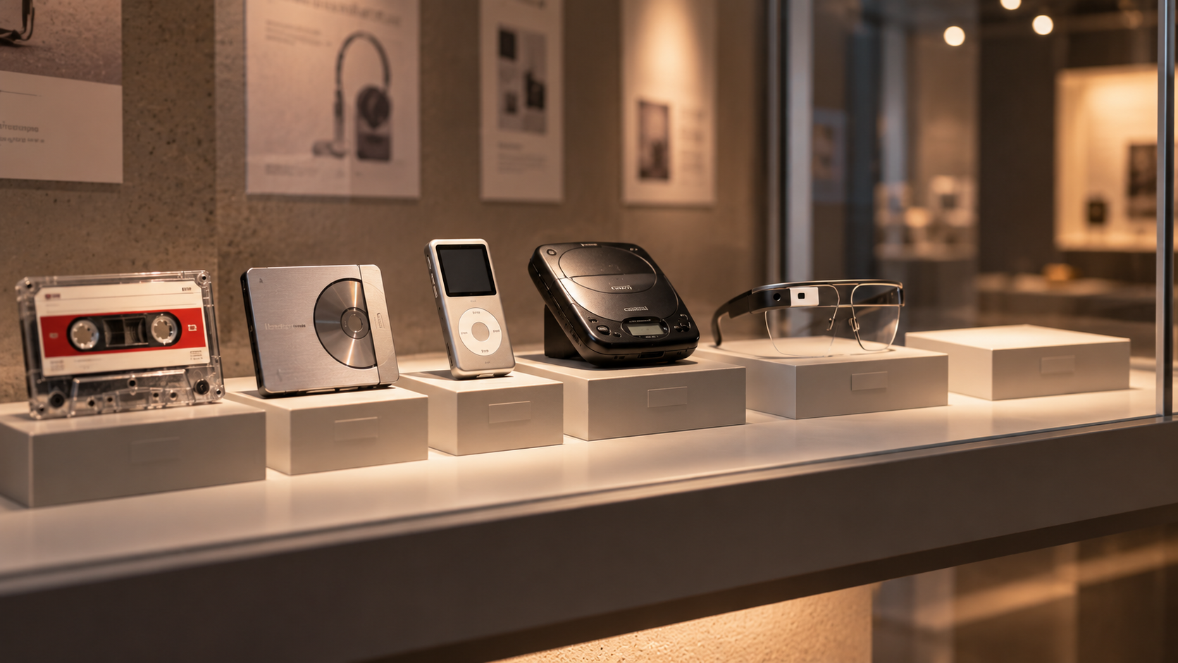 Vecchi supporti e lettori musicali digitali esposti come tecnologie del passato.