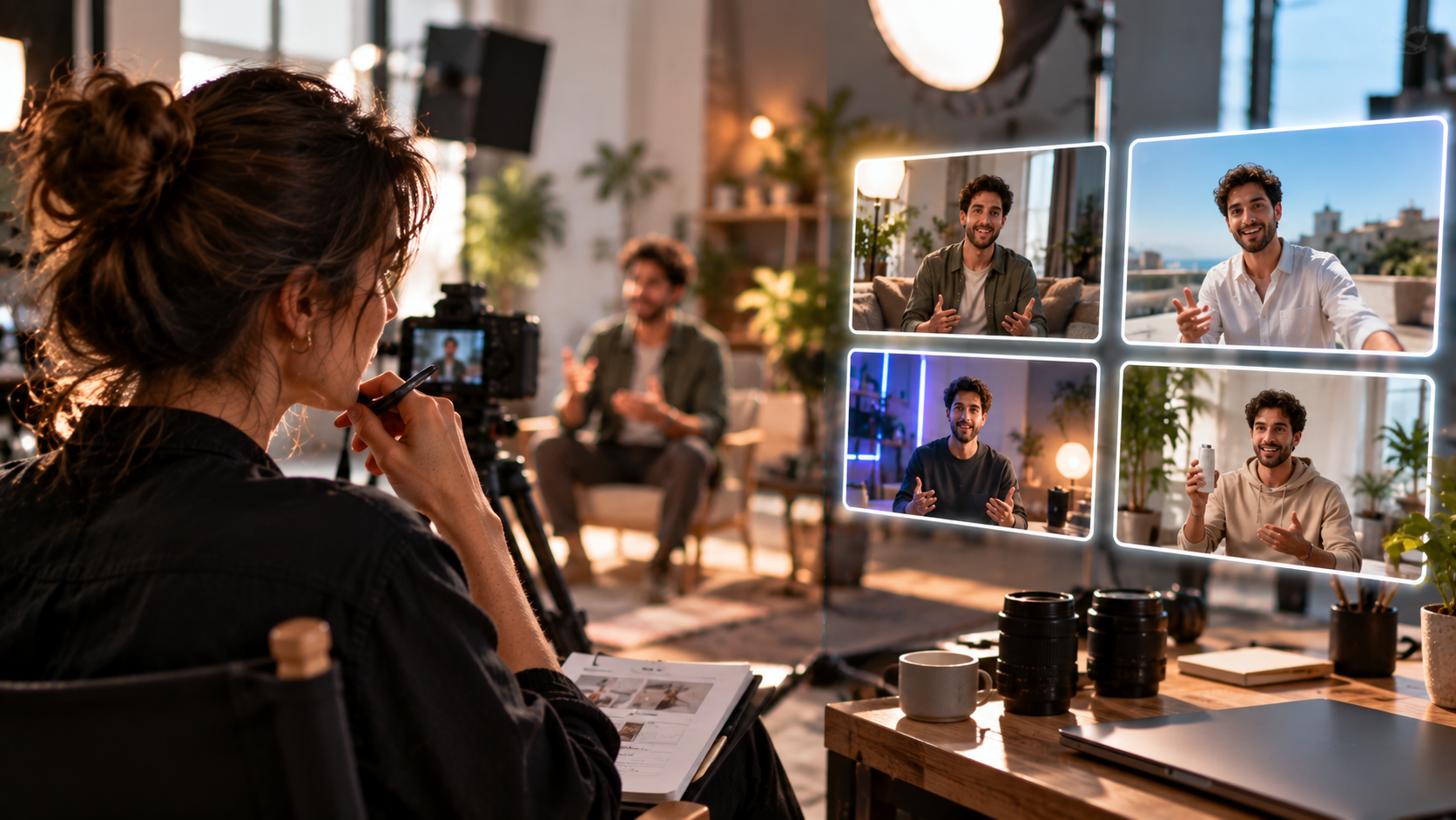 Regista seleziona diverse varianti di una scena prodotte con intelligenza artificiale durante la creazione di un video.