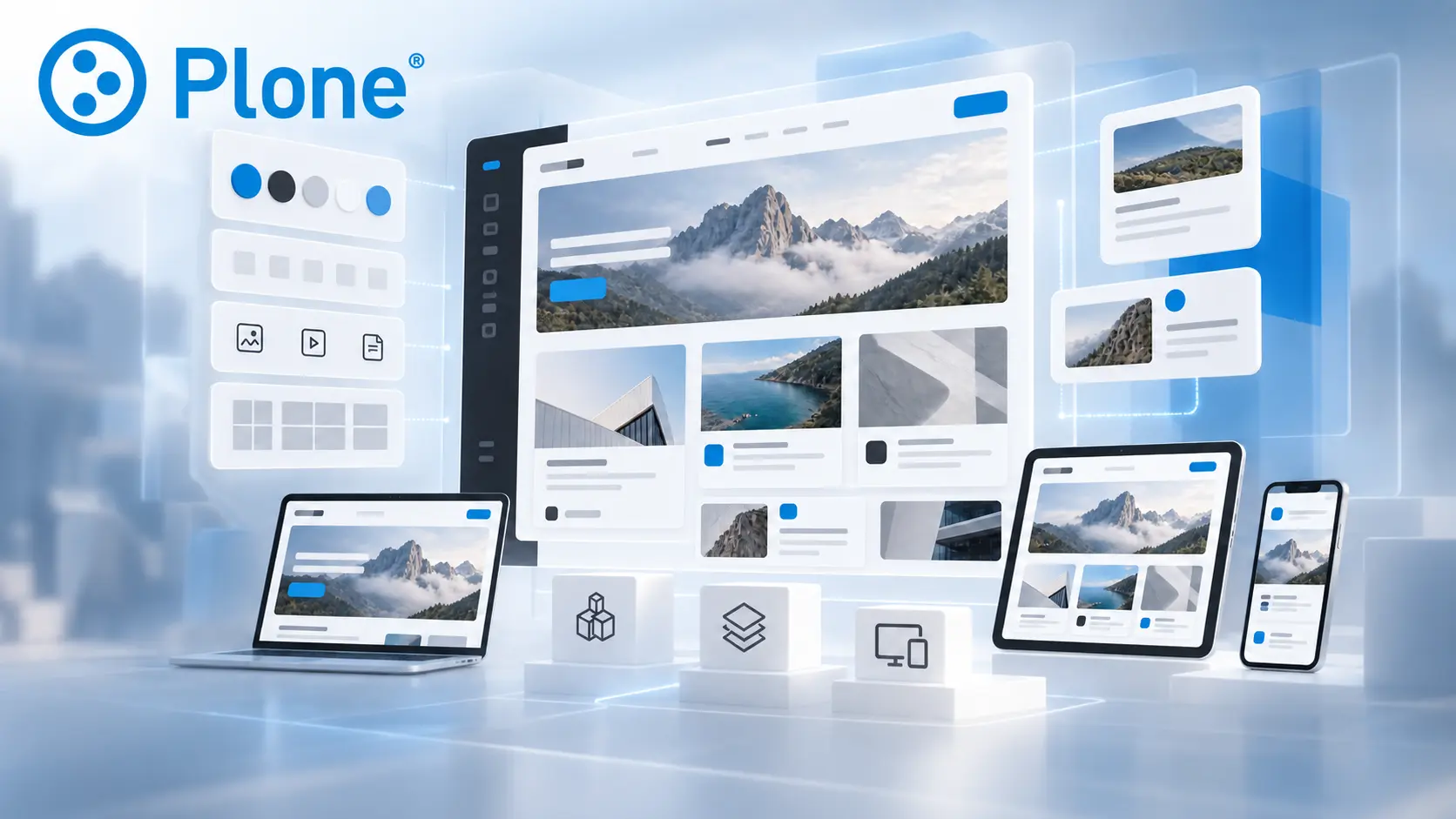 Volto Light Theme 8.0 rappresentato come design system modulare per portali responsive con logo ufficiale Plone