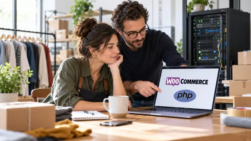 Proprietaria di un negozio online e tecnico controllano WooCommerce e PHP su un computer