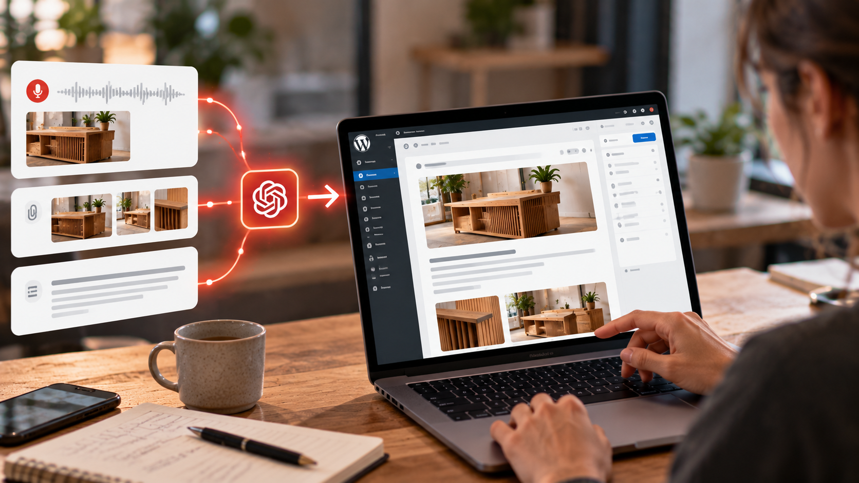 Intelligenza artificiale organizza voce, immagini e contenuti e li trasforma in una pagina WordPress.