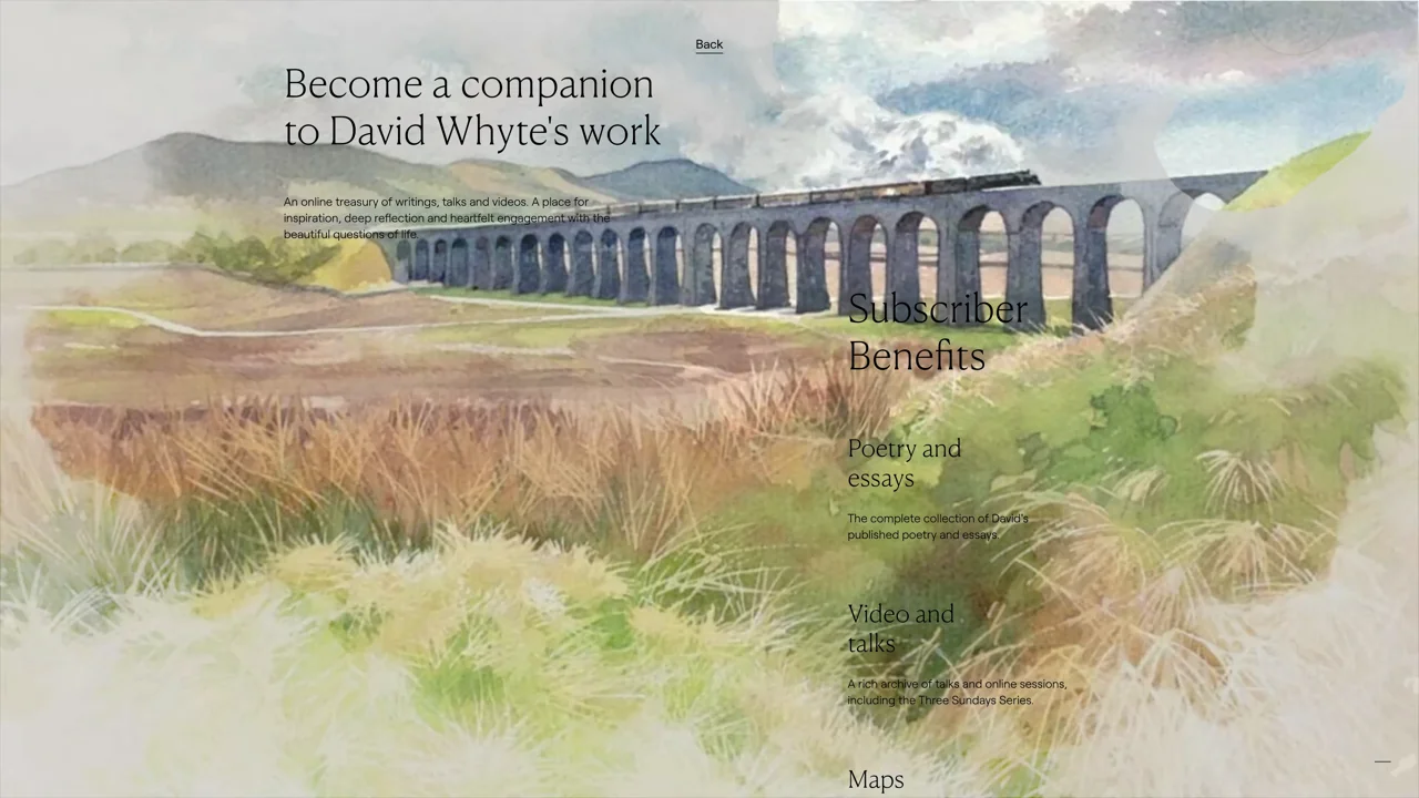 Schermata reale di David Whyte Experience: un viadotto attraversa un paesaggio dipinto ad acquerello.