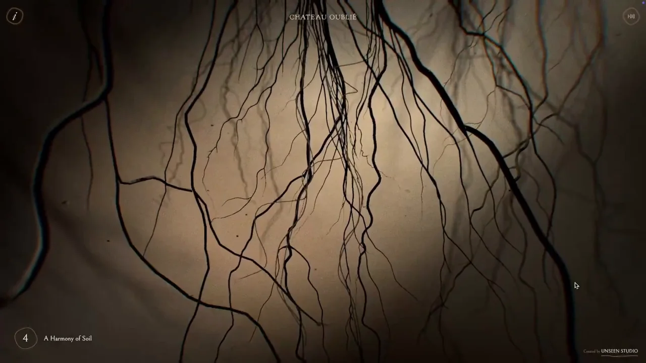 Fotogramma reale di The Symphony of Vines: radici scure si diramano su uno sfondo dorato.