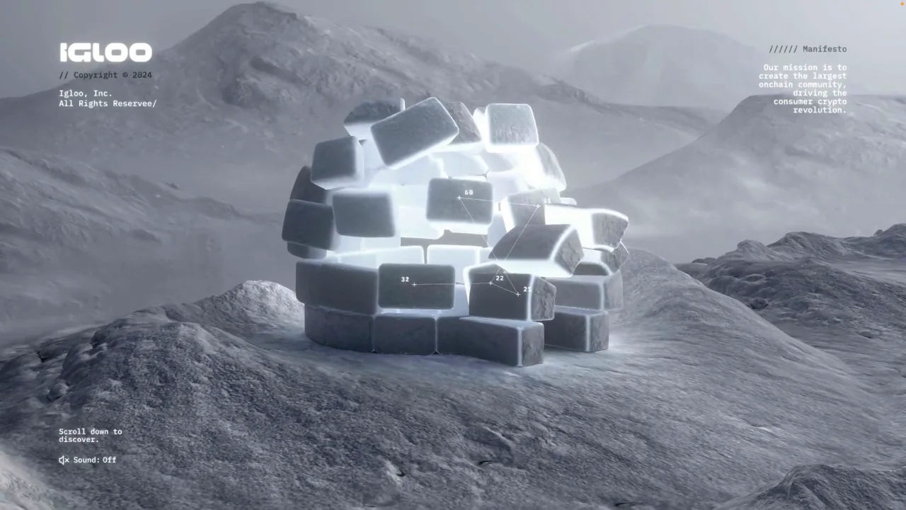 Fotogramma reale di Igloo Inc.: i blocchi dell’igloo si separano e una luce emerge dall’interno.
