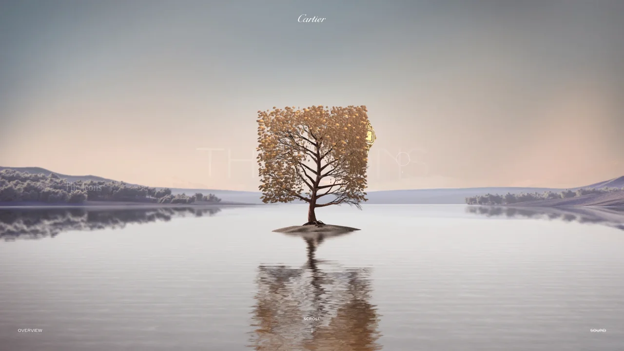 Schermata reale di Cartier: un albero dalla chioma cubica dorata si riflette in uno specchio d’acqua.