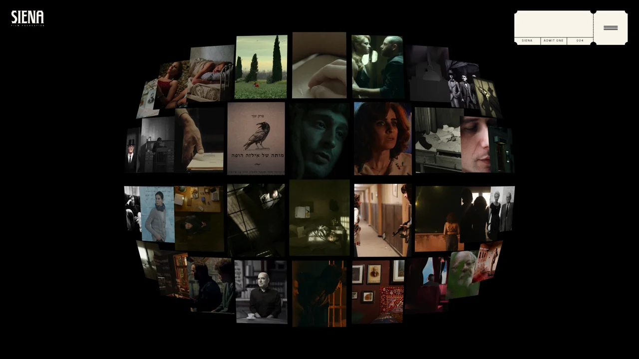 Schermata reale di Siena Film Foundation: decine di fotogrammi compongono una sfera su sfondo nero.