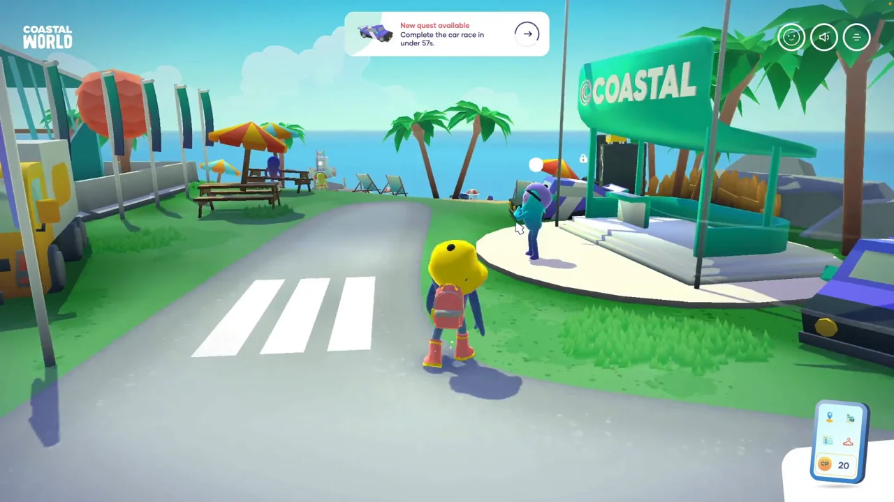 Fotogramma reale di Coastal World: personaggi colorati passeggiano in una cittadina su un’isola.