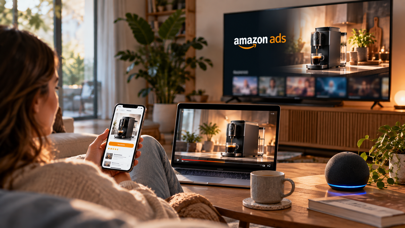 Campagna Amazon Ads coordinata tra smartphone, video, streaming TV e audio attraverso diversi dispositivi.