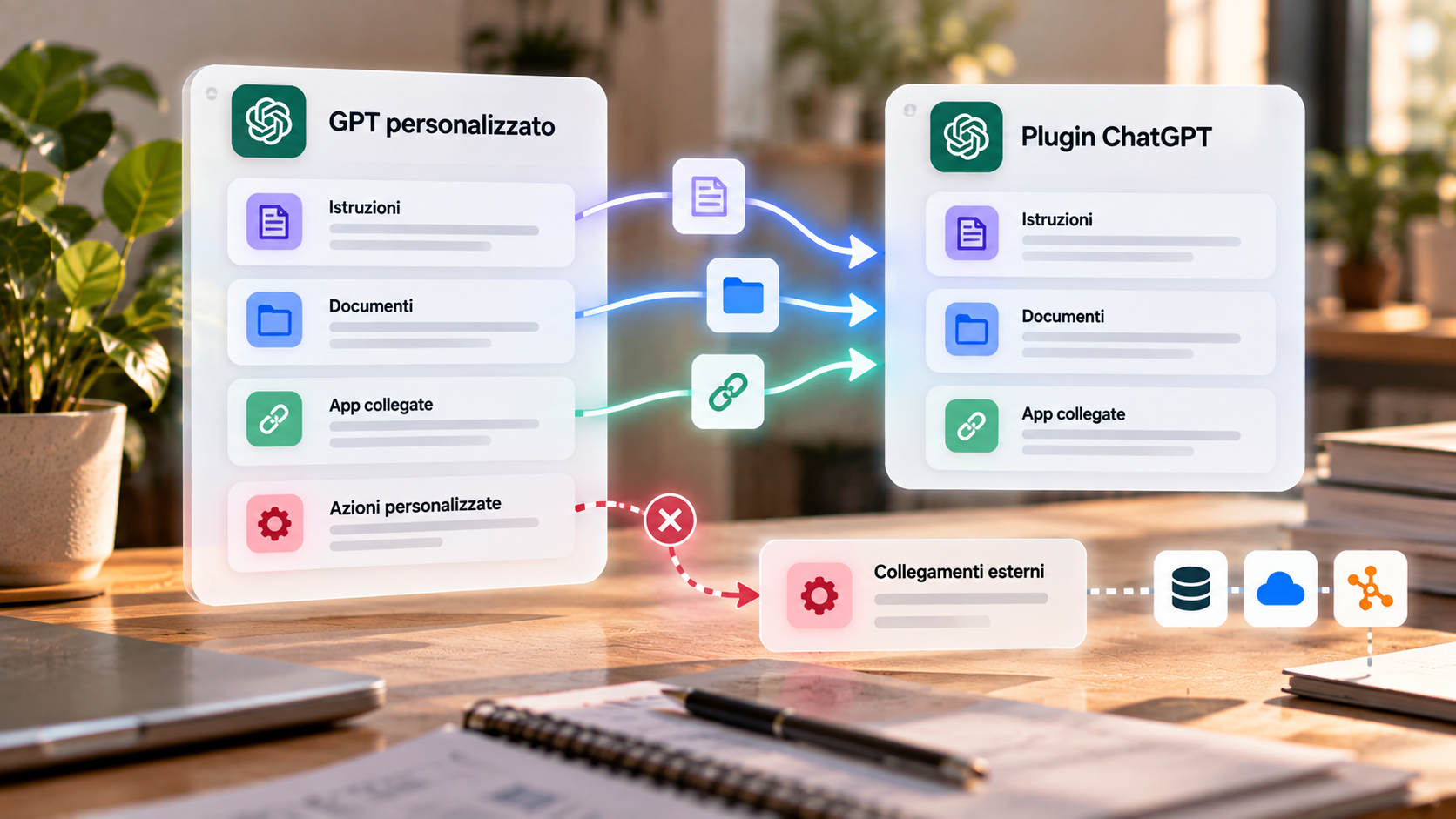 Migrazione di un GPT personalizzato verso un plugin ChatGPT con trasferimento di istruzioni e documenti e verifica separata dei collegamenti esterni.