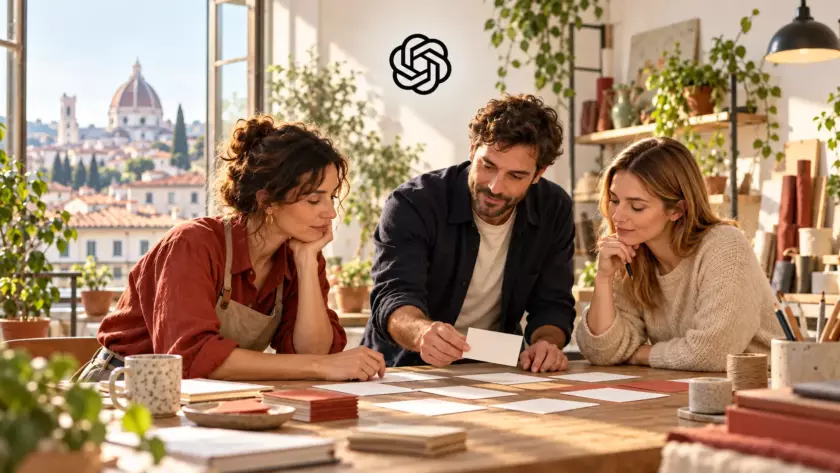 Tre professionisti organizzano un flusso di lavoro collaborativo sotto il simbolo OpenAI