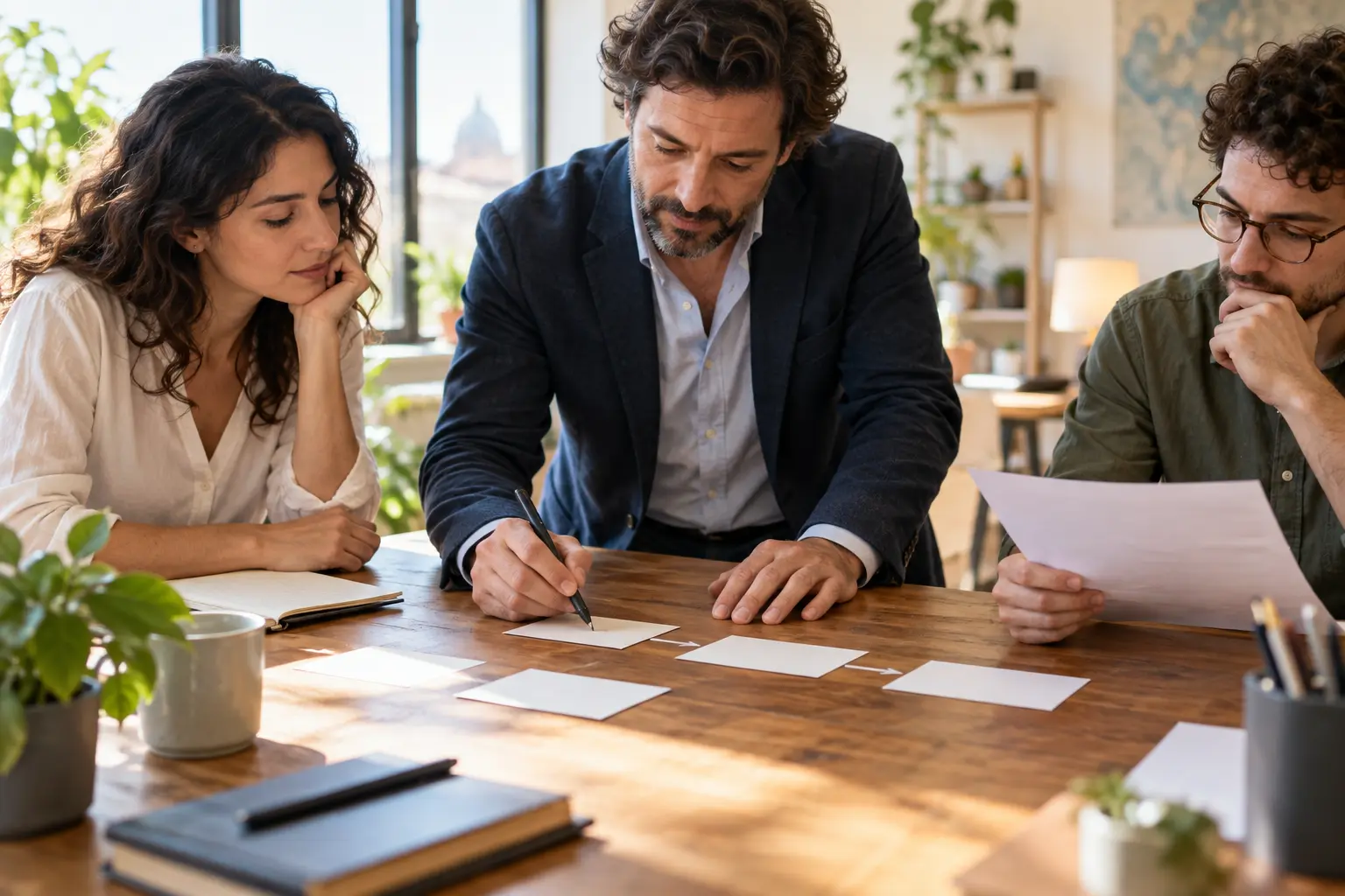 Tre professionisti discutono e organizzano su carta un flusso di lavoro da provare e verificare