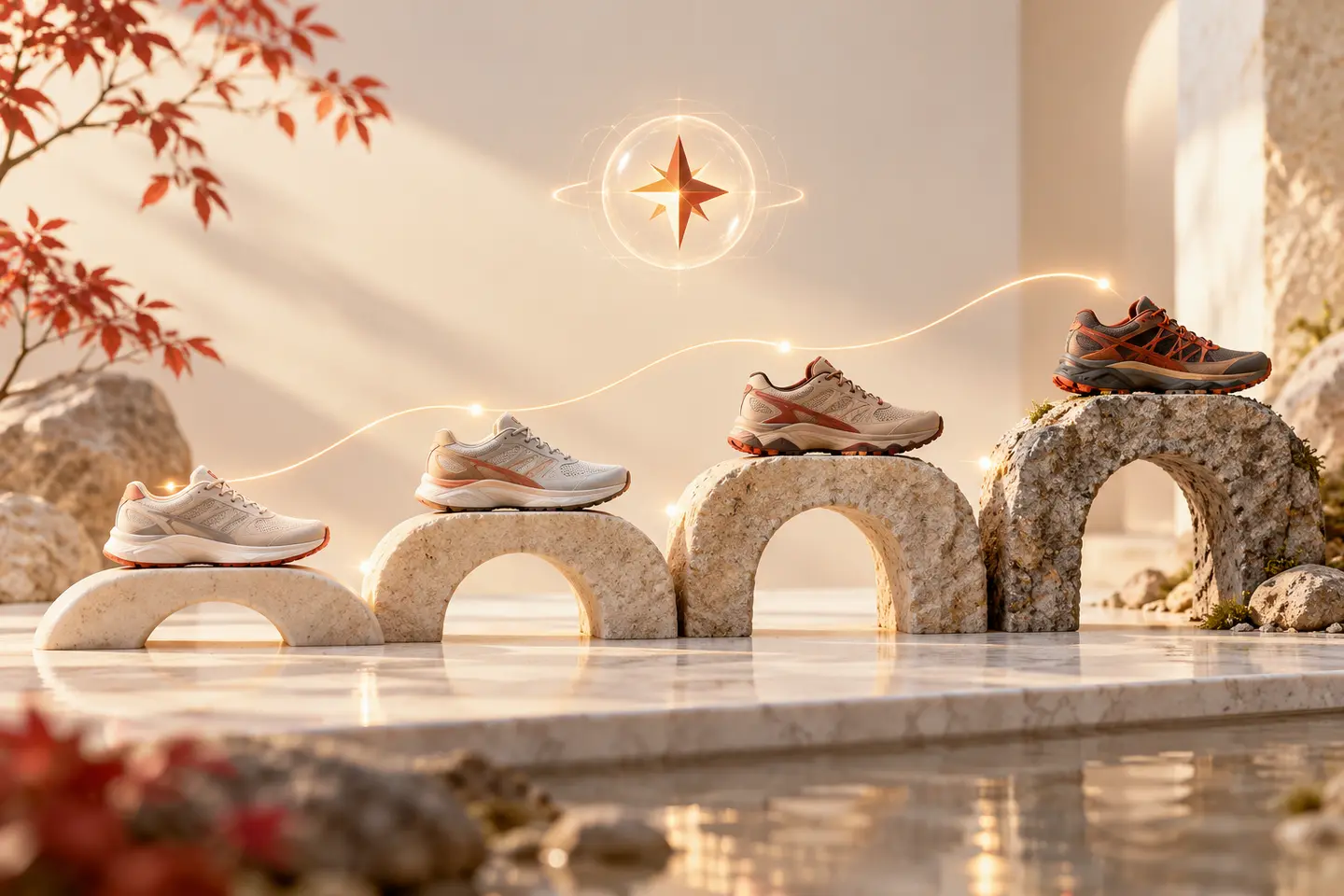 Quattro scarpe da corsa diventano progressivamente più specialistiche lungo un percorso guidato da una bussola che rappresenta l’intelligenza artificiale