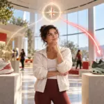 Una persona sceglie tra una scarpa molto nota e una specialistica guidata da una bussola che rappresenta l’intelligenza artificiale