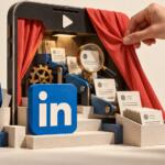 Una mano apre il sipario di uno smartphone e rivela un laboratorio di contenuti con il logo LinkedIn, metafora della verifica delle promesse sull’AI.