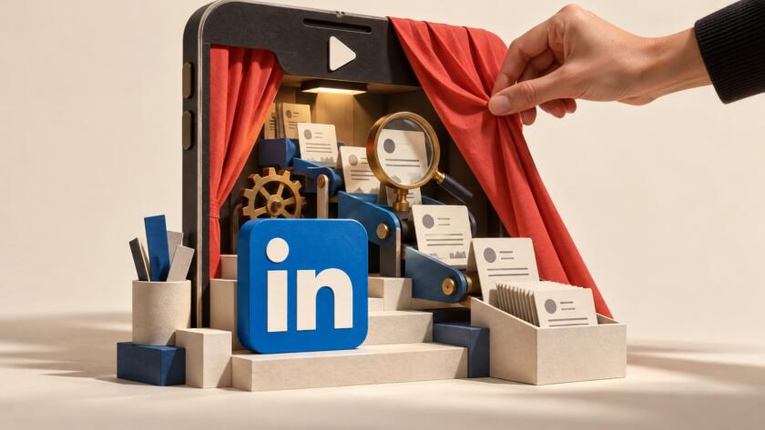 Una mano apre il sipario di uno smartphone e rivela un laboratorio di contenuti con il logo LinkedIn, metafora della verifica delle promesse sull’AI.