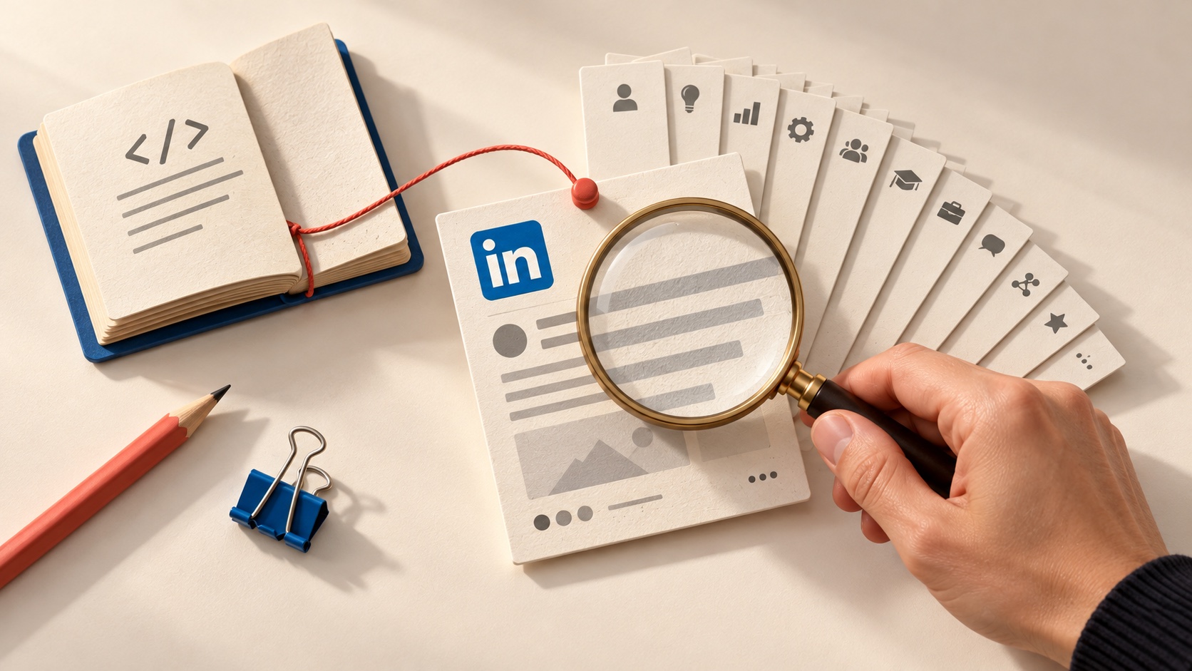 Una lente esamina una scheda con il logo LinkedIn, collegata da un filo rosso a un quaderno con codice: dalla promessa alla fonte originale.