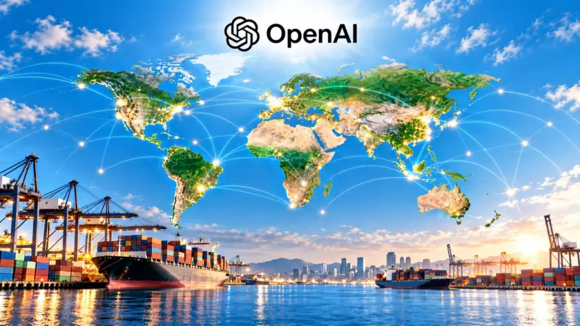Mappa luminosa del mondo con rotte commerciali e logo OpenAI in alto al centro, illustrazione dell’espansione internazionale di ChatGPT Ads.