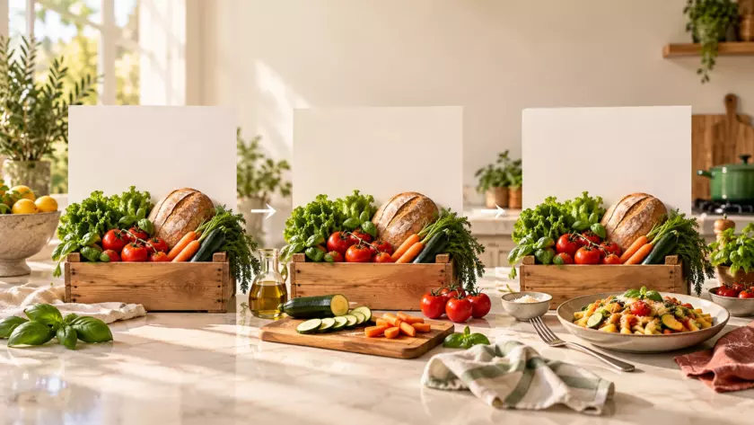 Tre schede illustrate per la stessa spesa passano da una presentazione generica a una scena di cena in settimana.