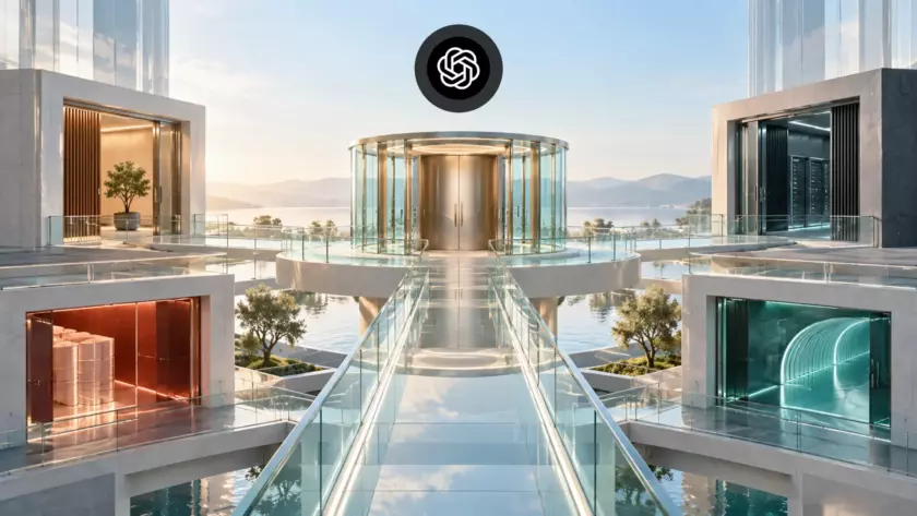 Architettura luminosa con accessi separati e logo ChatGPT, metafora dei controlli Enterprise