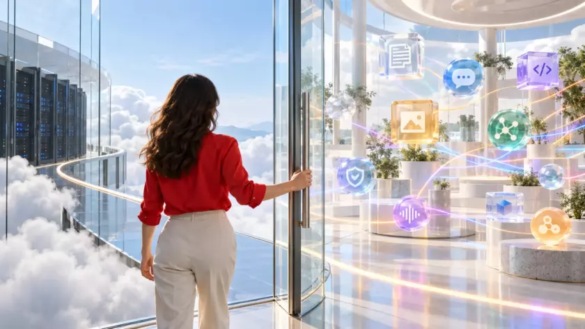 Una donna in camicia rossa apre un passaggio dall’infrastruttura cloud a un insieme più ampio di strumenti AI