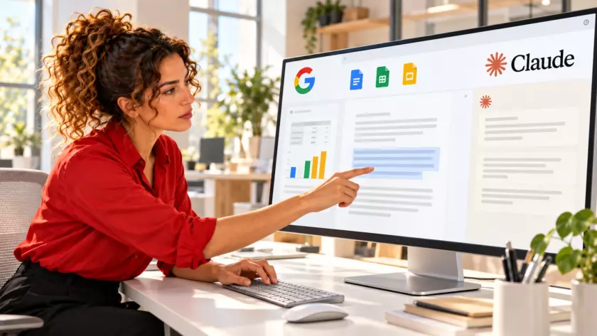 Adele in camicia rossa esamina un documento sullo schermo con i loghi Google Workspace e Claude.