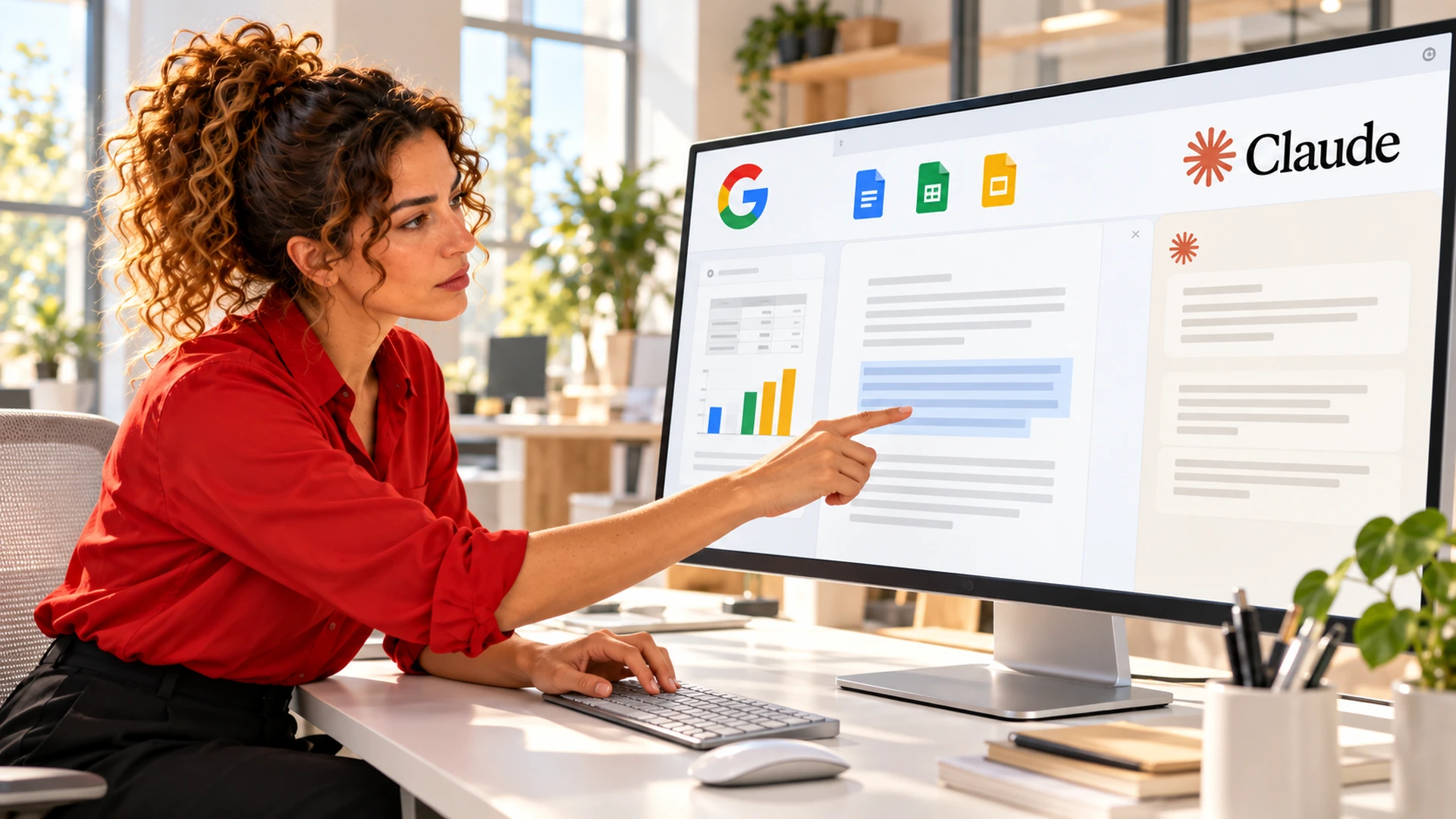 Adele in camicia rossa esamina un documento sullo schermo con i loghi Google Workspace e Claude.