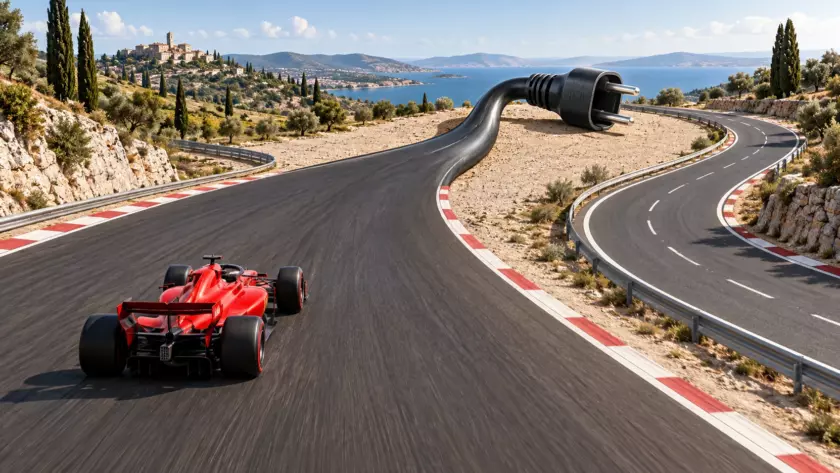 Una monoposto rossa corre su una pista che diventa un cavo scollegato, accanto a una strada alternativa.