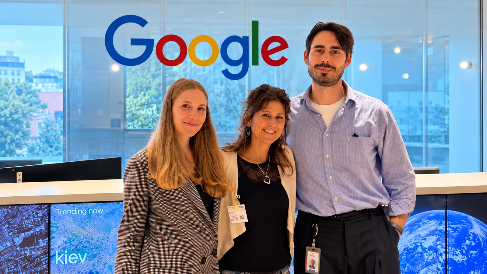 Eleonora Manfrini e due referenti Google sotto la scritta Google nella sede di Milano