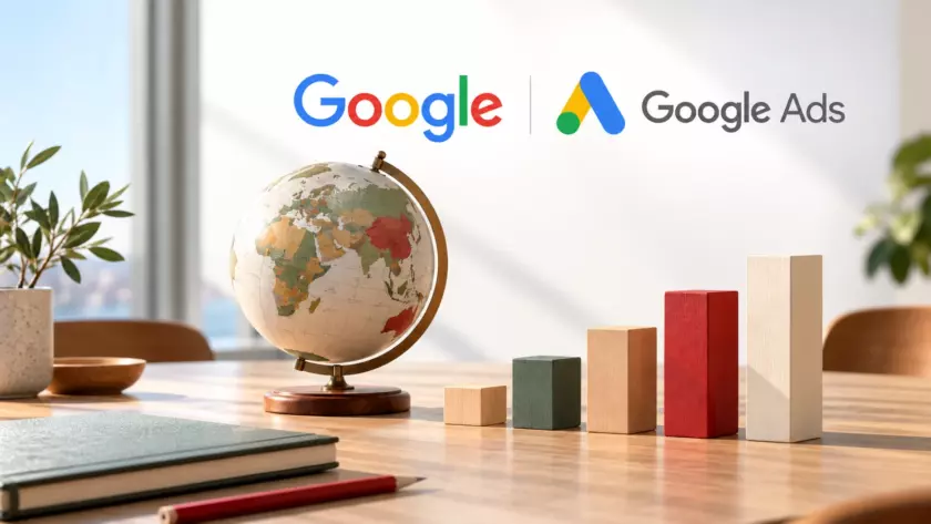Loghi Google e Google Ads sopra un globo e blocchi che rappresentano la crescita internazionale