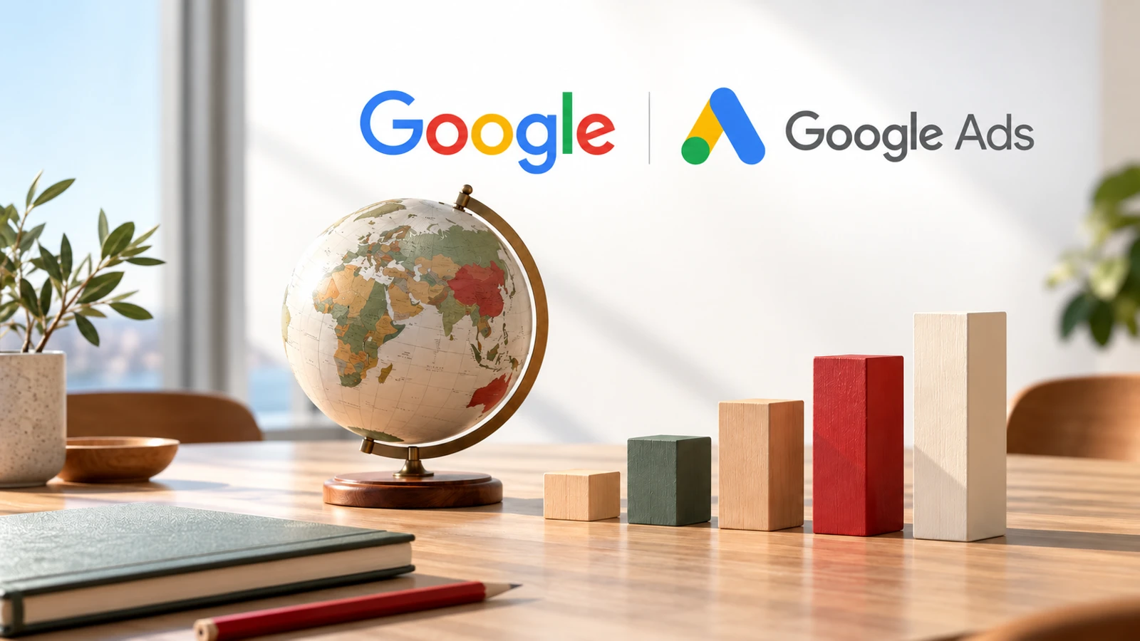 Loghi Google e Google Ads sopra un globo e blocchi che rappresentano la crescita internazionale