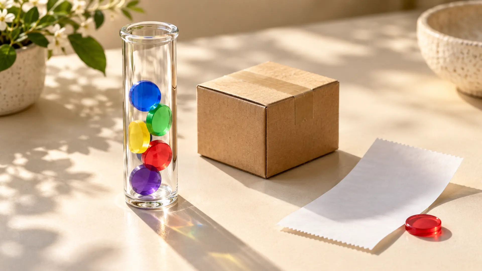 Un tubo trasparente con gettoni colorati accanto a un pacco e a una ricevuta vuota, metafora della differenza tra conversioni registrate e risultati reali
