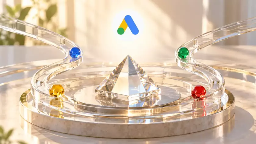 Icona ufficiale Google Ads nella parte alta centrale, armonizzata con percorsi trasparenti e sfere colorate.