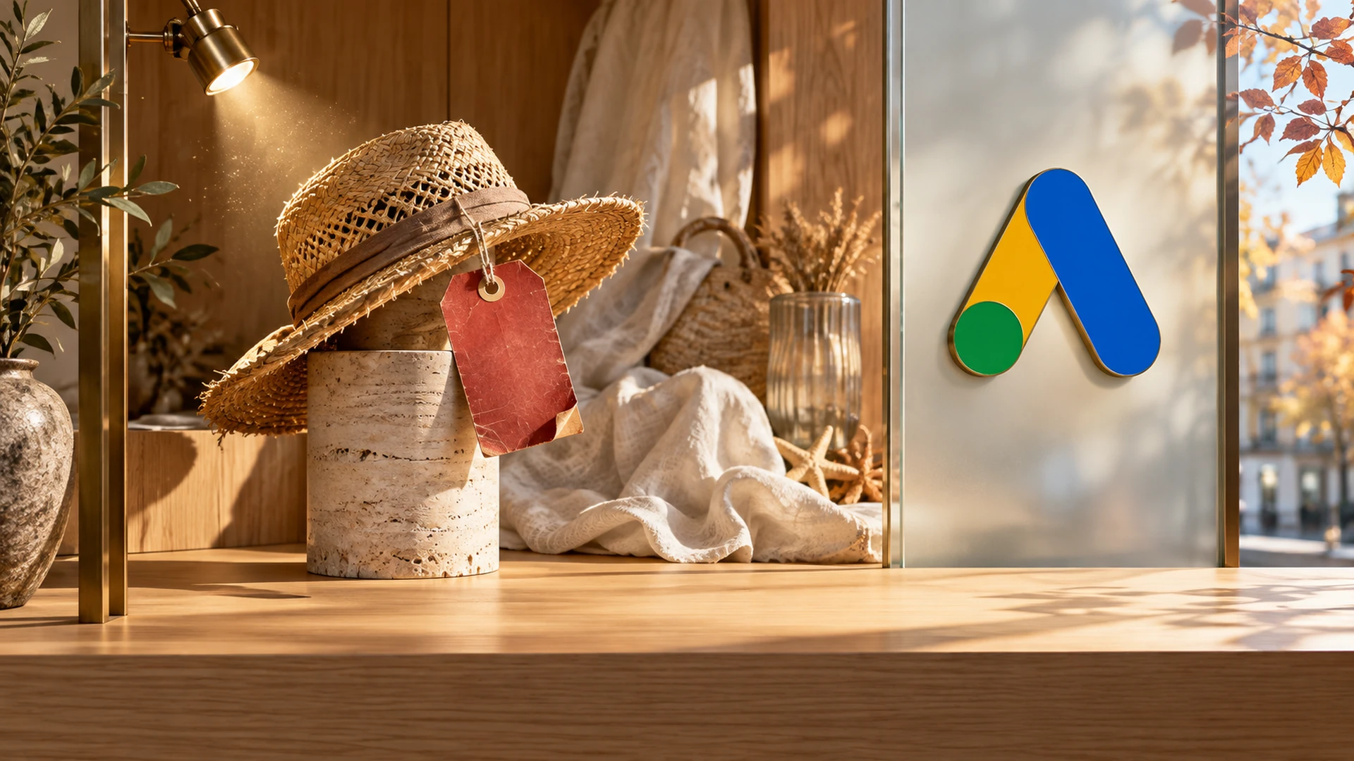 Un cappello estivo con un cartellino rosso consumato sotto un riflettore, accanto al logo Google Ads.