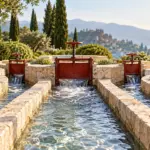 Tre chiuse rosse distribuiscono l’acqua in un giardino, con il logo Google Ads in alto a destra